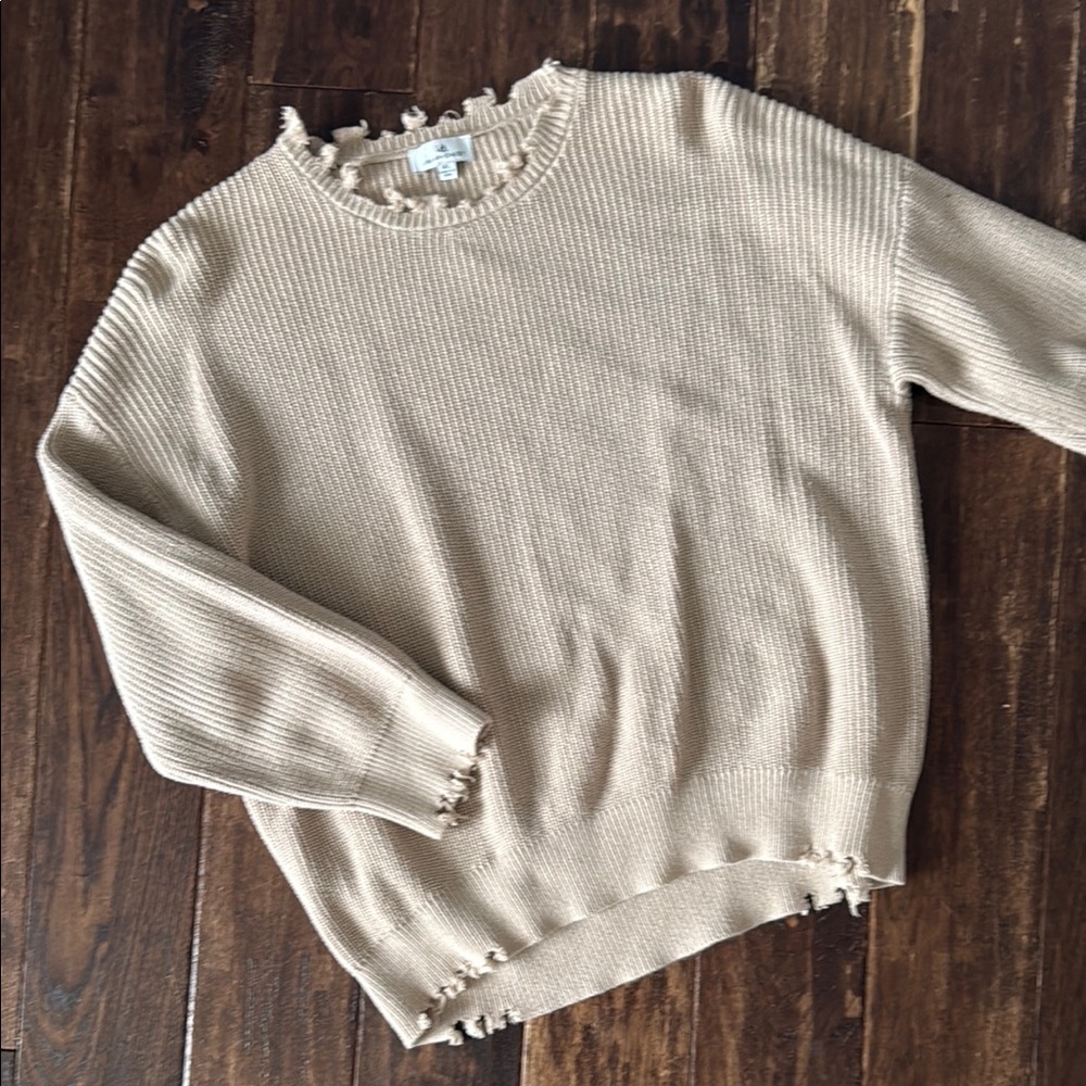 Cream Crew Neck Sweater with Distressed Details